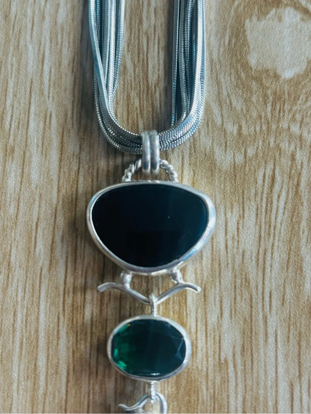 Sterling Silver Multi Strand Necklace with onyx, pearl and Angelite pendant